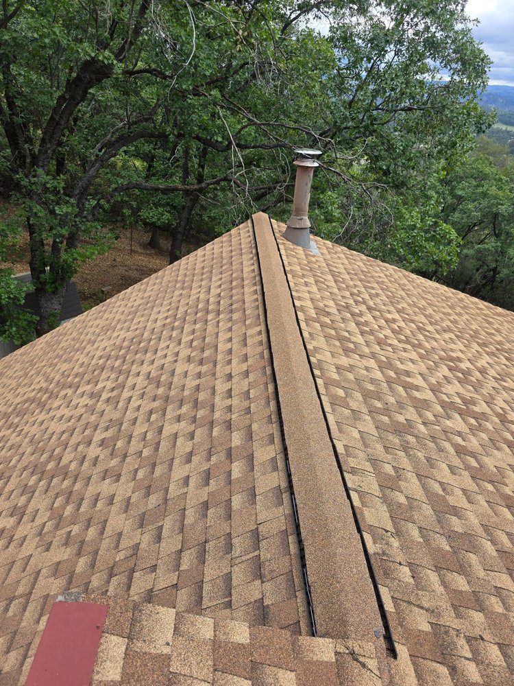 Tan asphalt shingle roof with new cap shingles along the ridge — Roof Coatings & Waterproofing by Roof Geeks in Greater Sacramento, CA